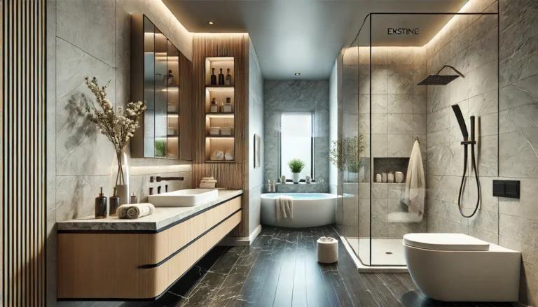 A realistic luxury bathroom optimized around existing space. The design should feature high-end elements like a floating vanity, built-in shelves, a s