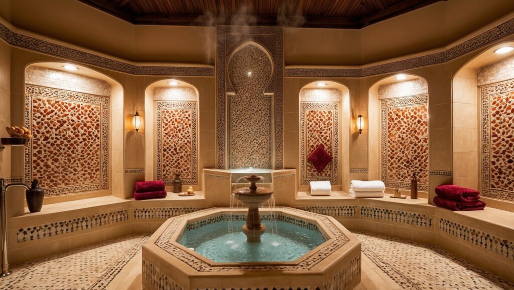 A luxurious Moroccan Hammam spa with traditional elements.