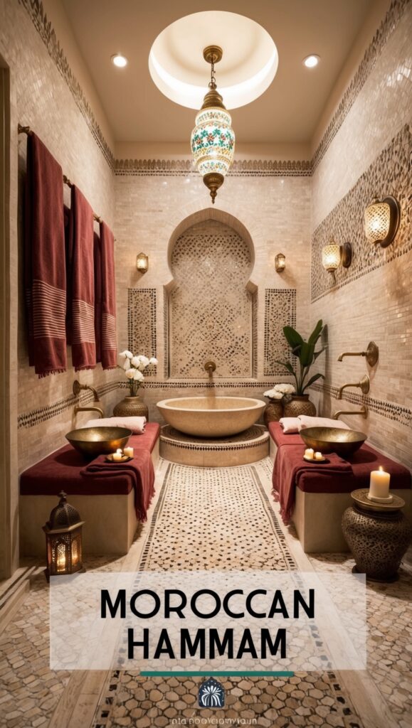 A Moroccan inspired bathroom design featuring traditional elements like mosaic tiles, brass fixtures, and low seating. 