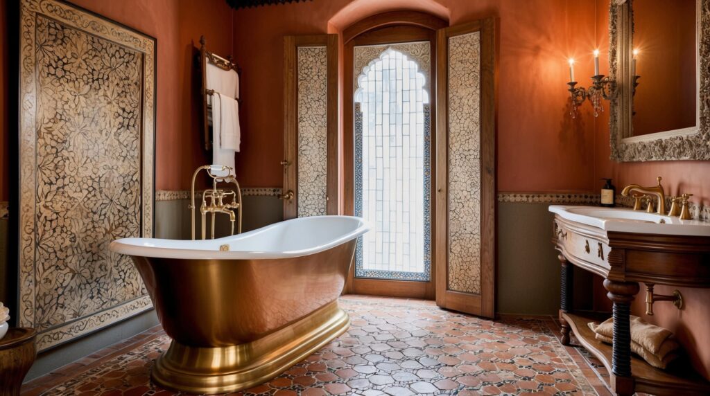 Metal trays, vases, and bowls as decorative accents in Moroccan Hammam