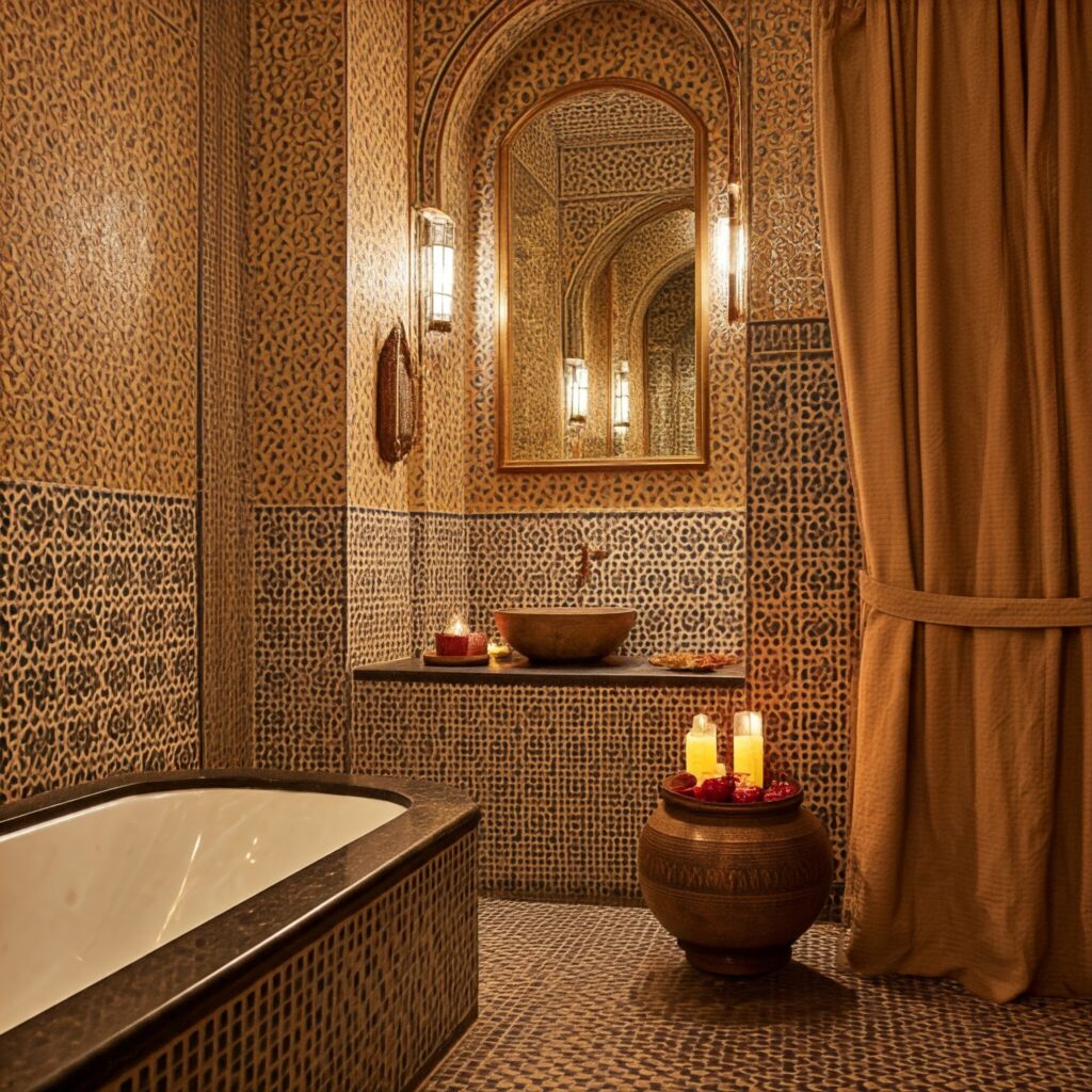 Moroccan design of bathroom with the serene ambiance of a Hammam, with plush textiles, soft lighting 