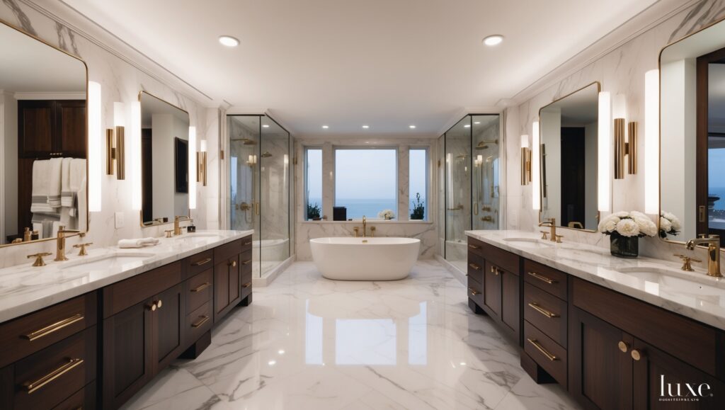 A realistic image of a luxury bathroom remodel in progress, showcasing an elegant and sophisticated design. The scene should include high-end materials like marble countertops, custom vanities, modern lighting, and stylish fixtures. The space should reflect a clean and organized setup, capturing the initial stages of luxury remodeling with elements that indicate planning and material selection. The overall atmosphere should feel upscale, refined, and aspirational, representing the concept of setting the stage for a luxury bathroom remodel